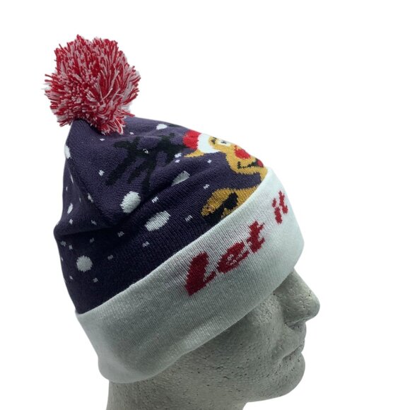 Christmas "Let It Snow" Knit Beanie With Reindeer & Pom-Pom LED Light Up - Picture 5 of 6